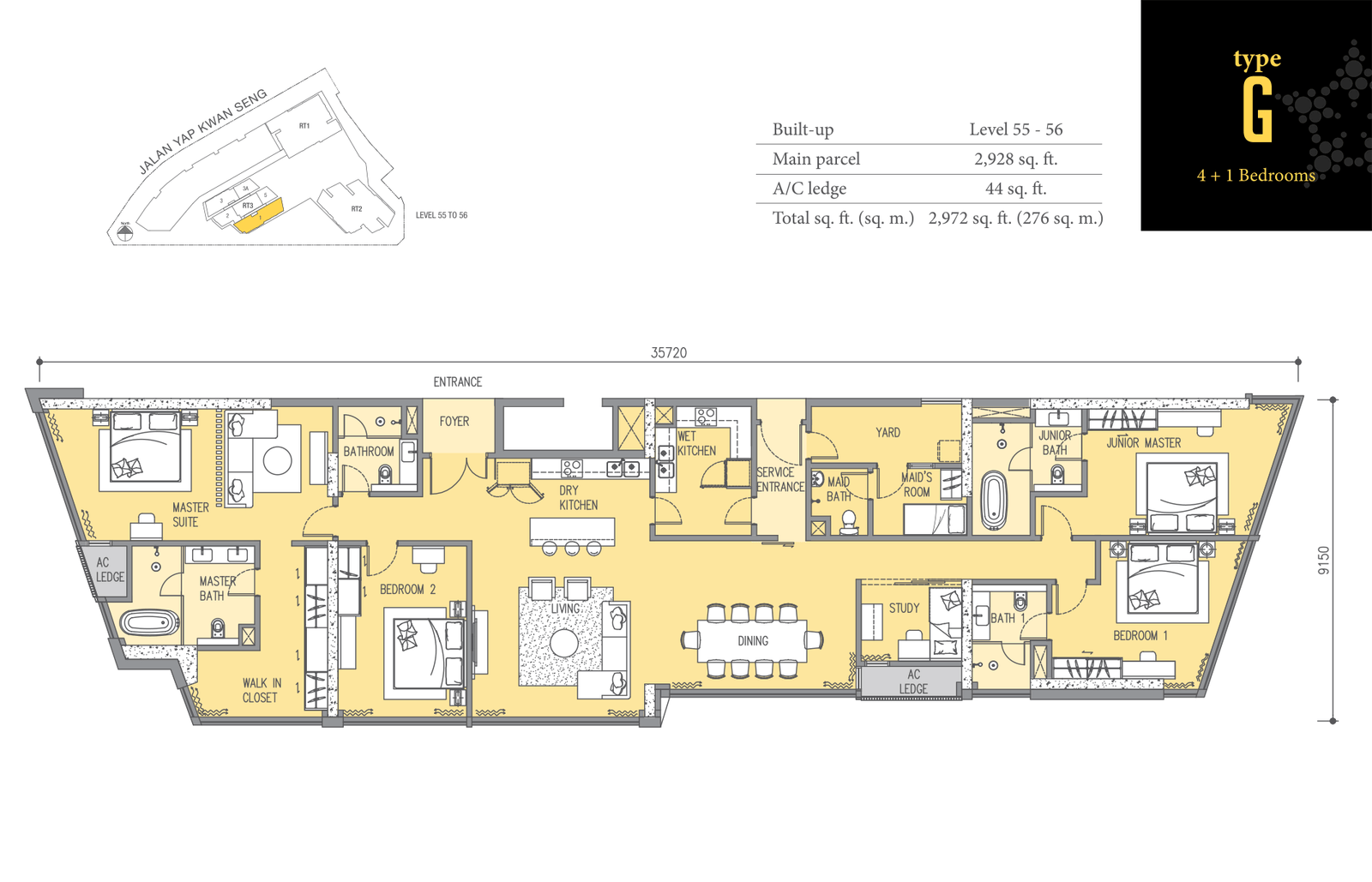 Ascott Star KLCC Type G floor plan — 2,971 sq ft, the largest layout in Tower Three