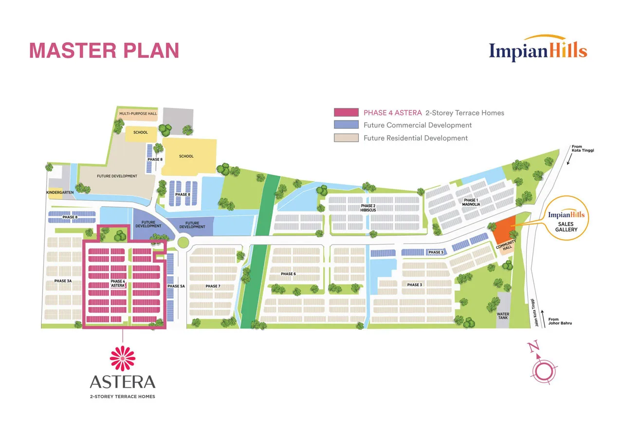Astera @ Impian Hills master plan showing the 264-unit two-storey terrace layout within the Impian Hills township, Ulu Tiram, Johor