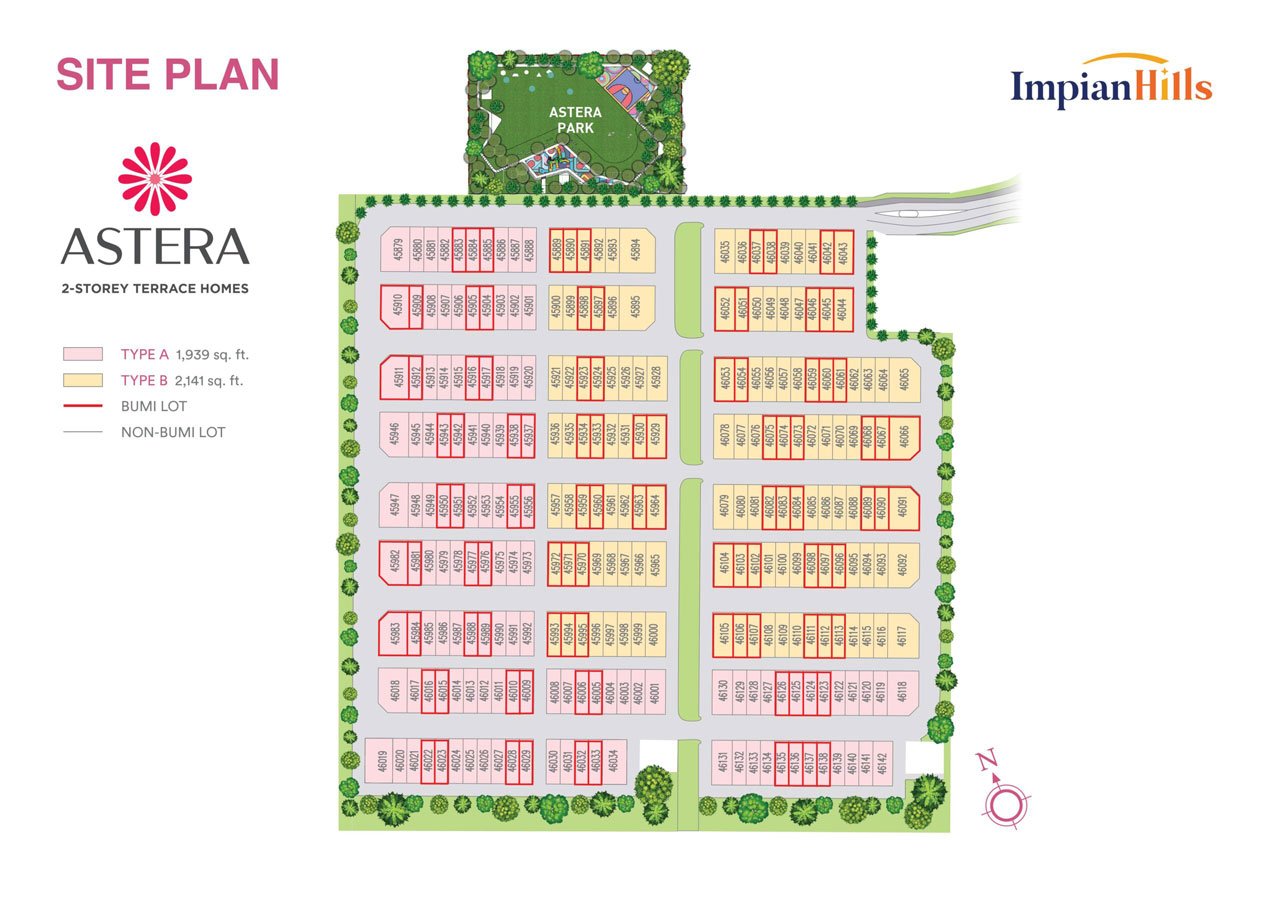 Astera @ Impian Hills site plan with lot numbering and 22ft by 70ft terrace lots, Ulu Tiram, Johor