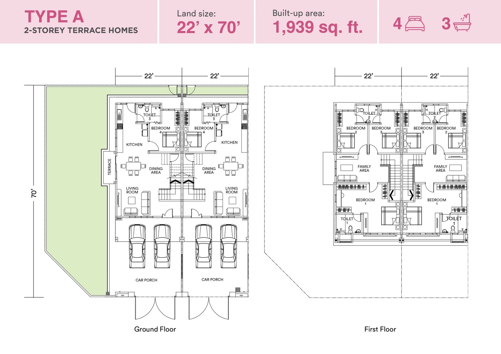 Astera @ Impian Hills Type A floor plan — 1,939 sq ft, four bedrooms and three bathrooms on a 22ft by 70ft lot, Ulu Tiram, Johor