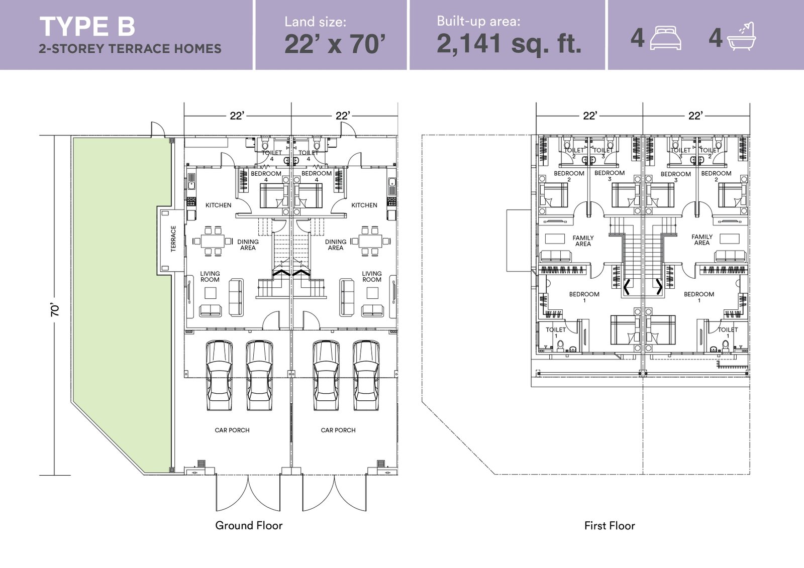 Astera @ Impian Hills Type B floor plan — 2,141 sq ft, four bedrooms and four bathrooms on a 22ft by 70ft lot, Ulu Tiram, Johor