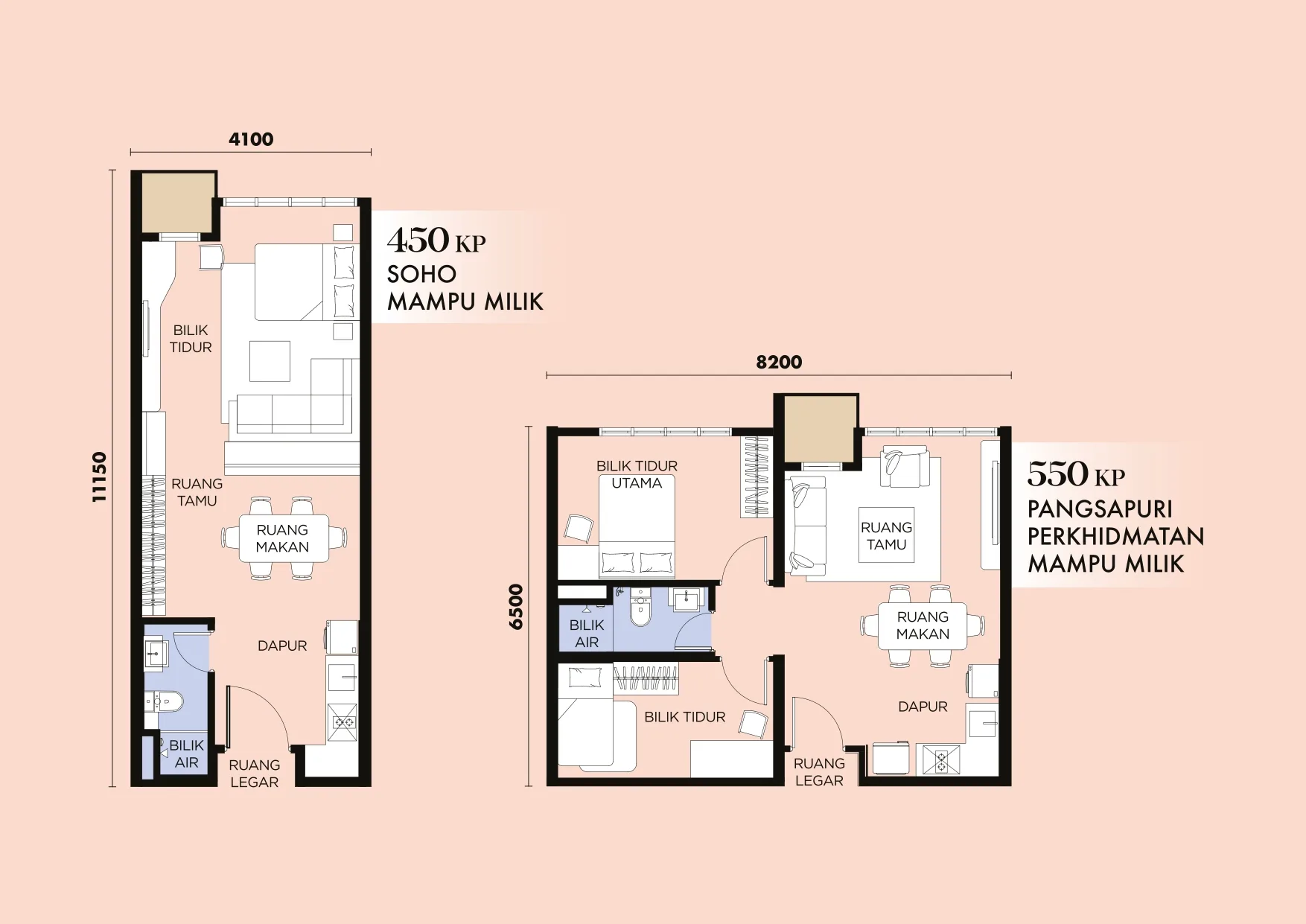 Residensi Astrum Ampang PR1MA floor plan — 450 sq ft SoHo suite and 550 sq ft serviced apartment layouts in Tower A, Kuala Lumpur