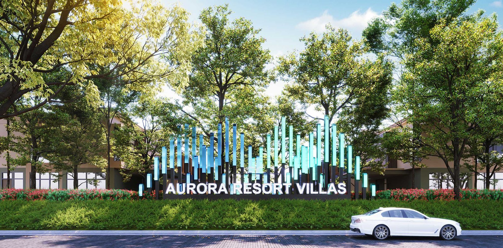 Entrance statement and landscaped boulevard at Aurora Resort Villas, Aurora Sentral, Iskandar Puteri
