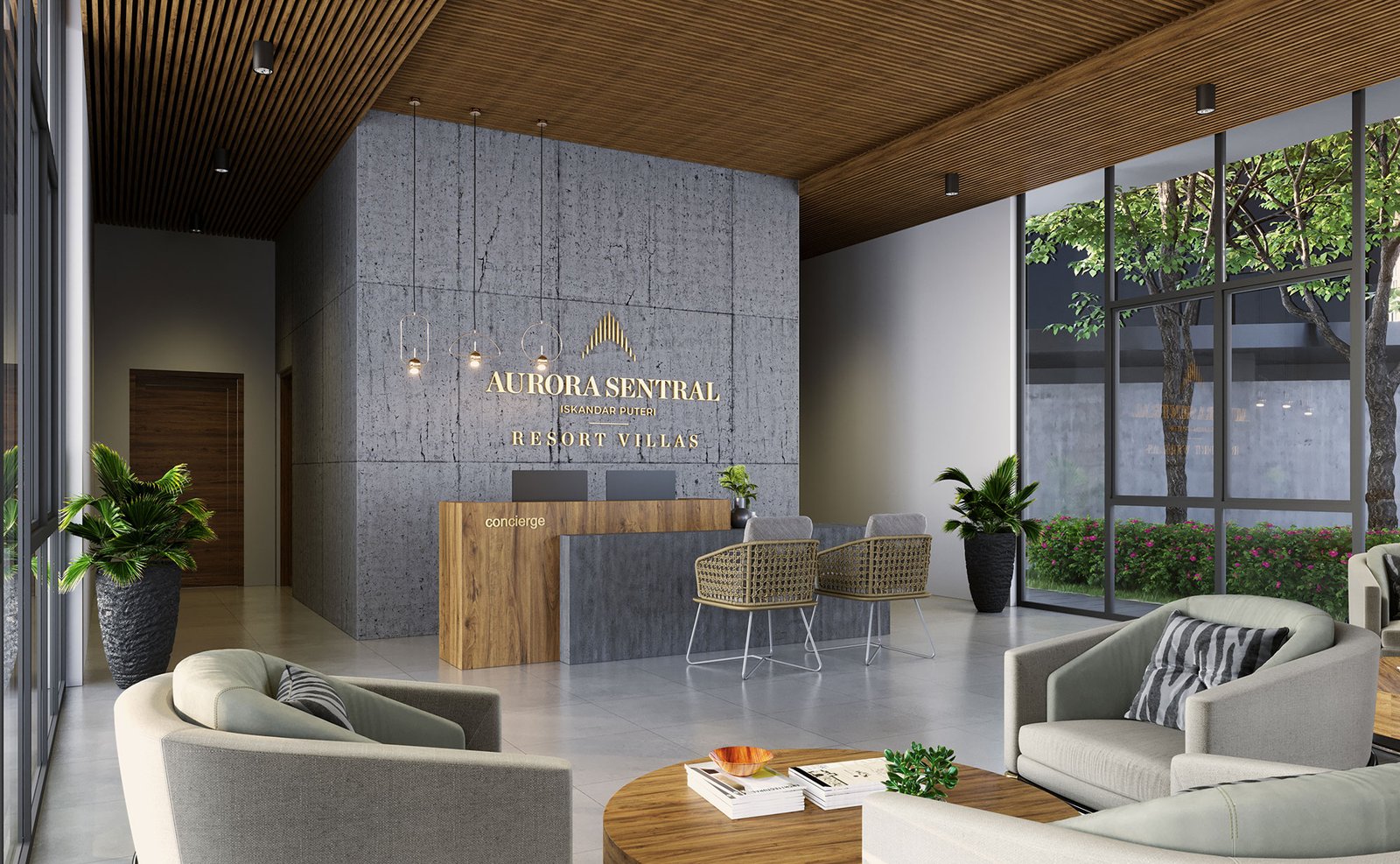 Concierge counter inside the Aurora Resort Villas clubhouse handling parcel collection and housekeeping, Iskandar Puteri