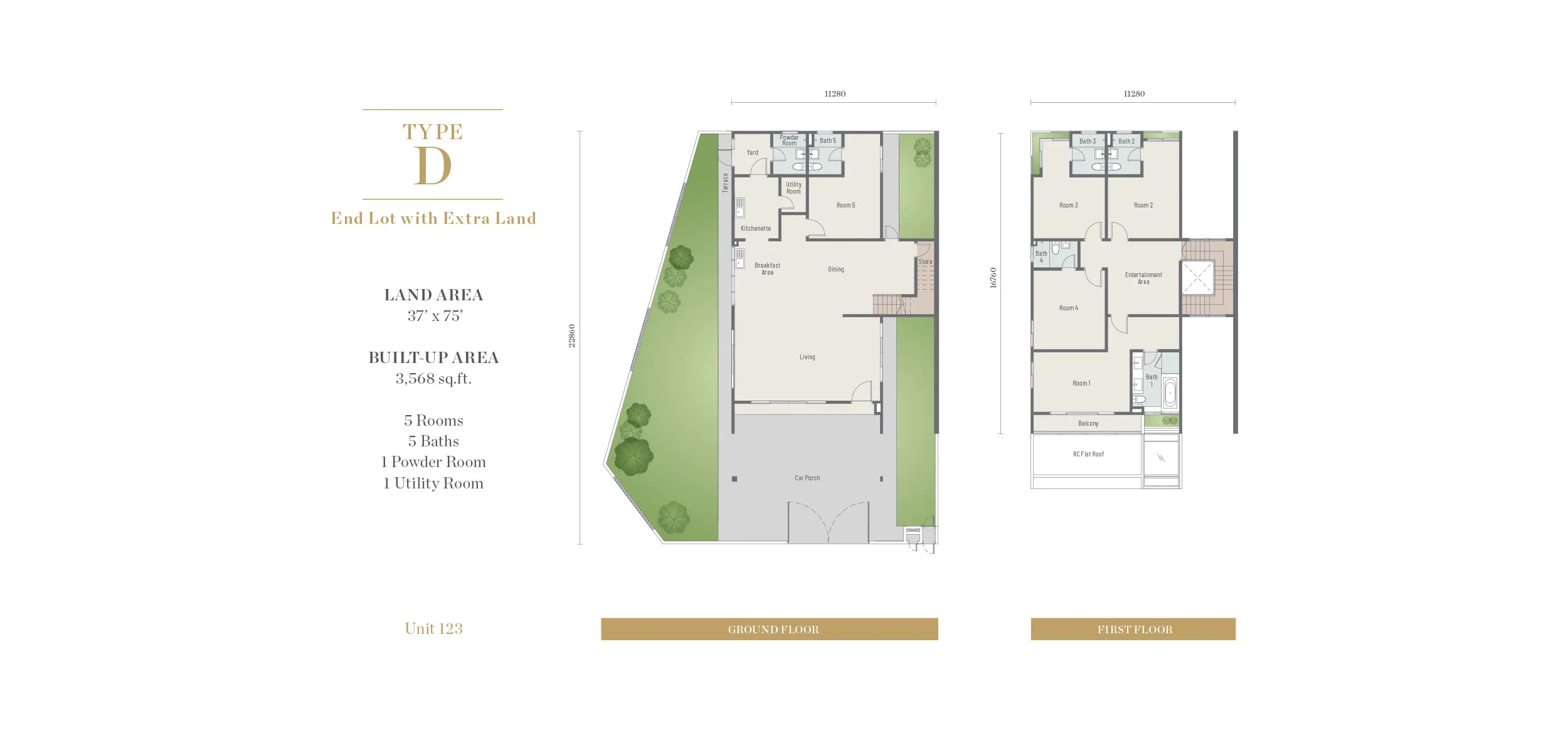 Aurora Resort Villas Type D floor plan for villa 123 — end lot with extra land, Iskandar Puteri