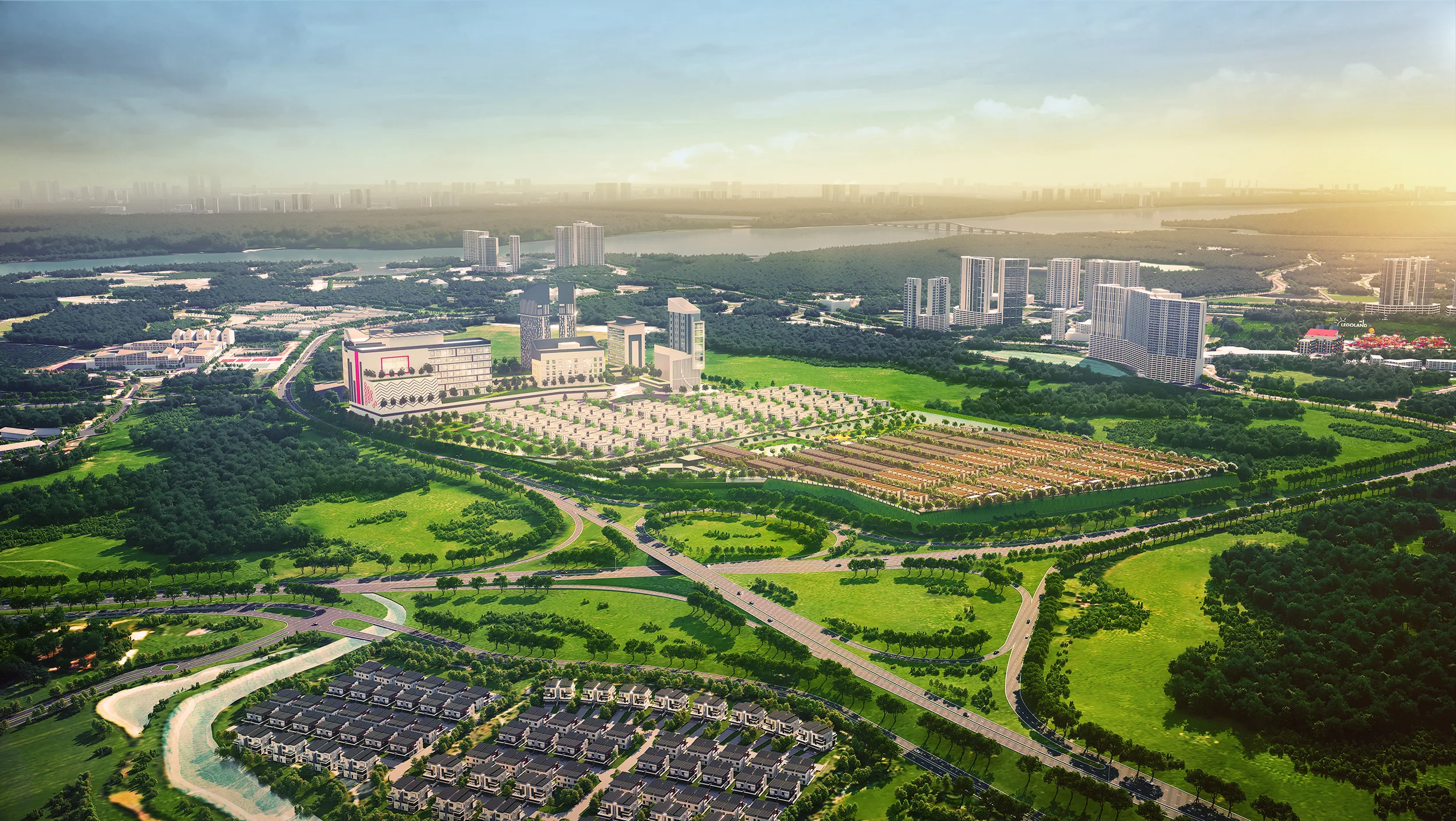Bird's-eye view of the Aurora Sentral township in Iskandar Puteri with Aurora Resort Villas in the foreground