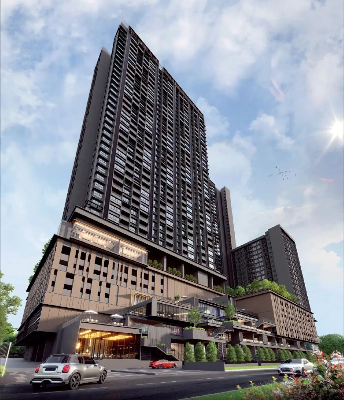 雪兰莪蒲种 Avantro Residences @ Bandar Kinrara 两座楼与零售平台的效果图