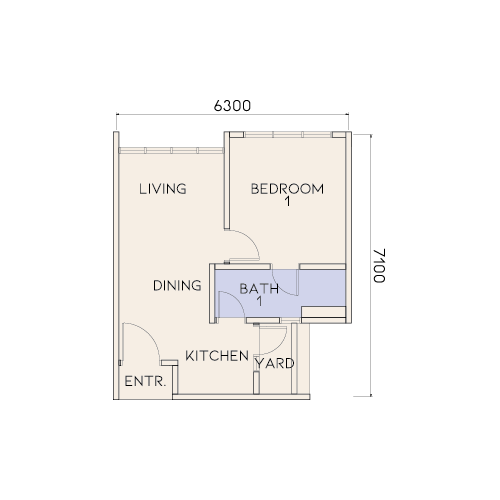 Avenue Residences Type E floor plan — 435 sq ft one-bedroom, one-bathroom serviced apartment, Johor Bahru