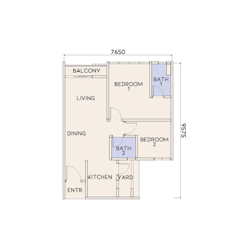 Avenue Residences Type F floor plan — 697 sq ft two-bedroom, two-bathroom serviced apartment, Johor Bahru