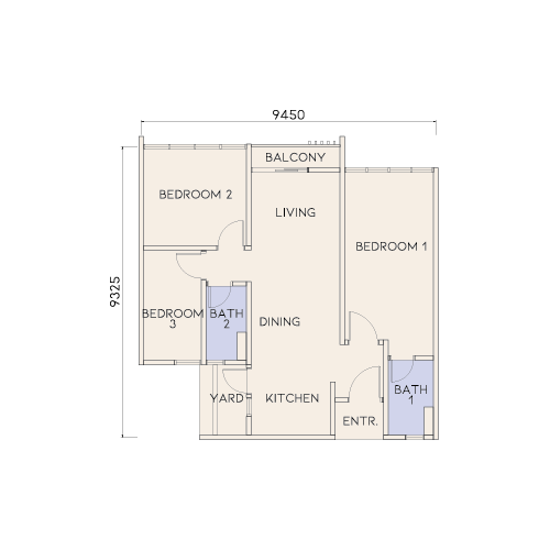 Avenue Residences Type G floor plan — 863 sq ft three-bedroom, two-bathroom serviced apartment, Johor Bahru