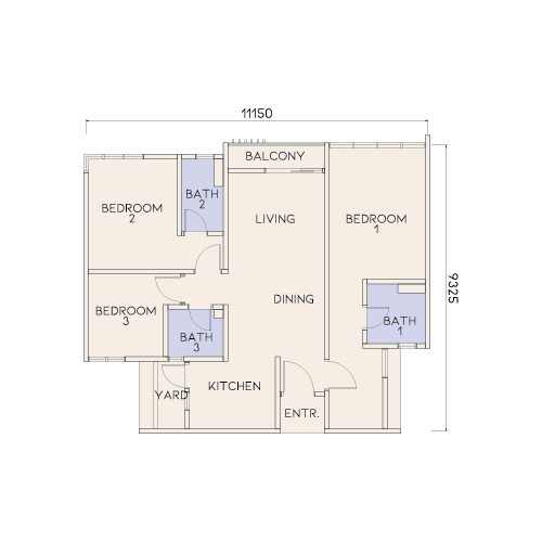 Avenue Residences Type H floor plan — 1,001 sq ft three-bedroom, three-bathroom serviced apartment, Johor Bahru