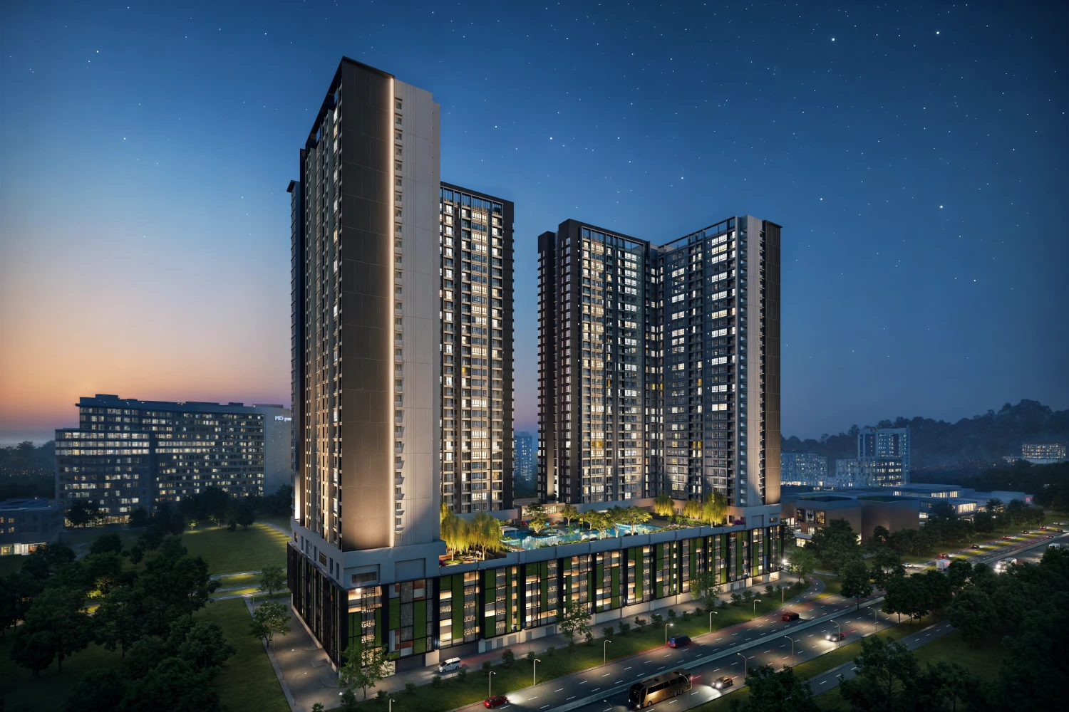 Calia Residences by PGB rear elevation of Tower A and Tower B seen from the Skudai Highway side, Danga Bay, Johor Bahru