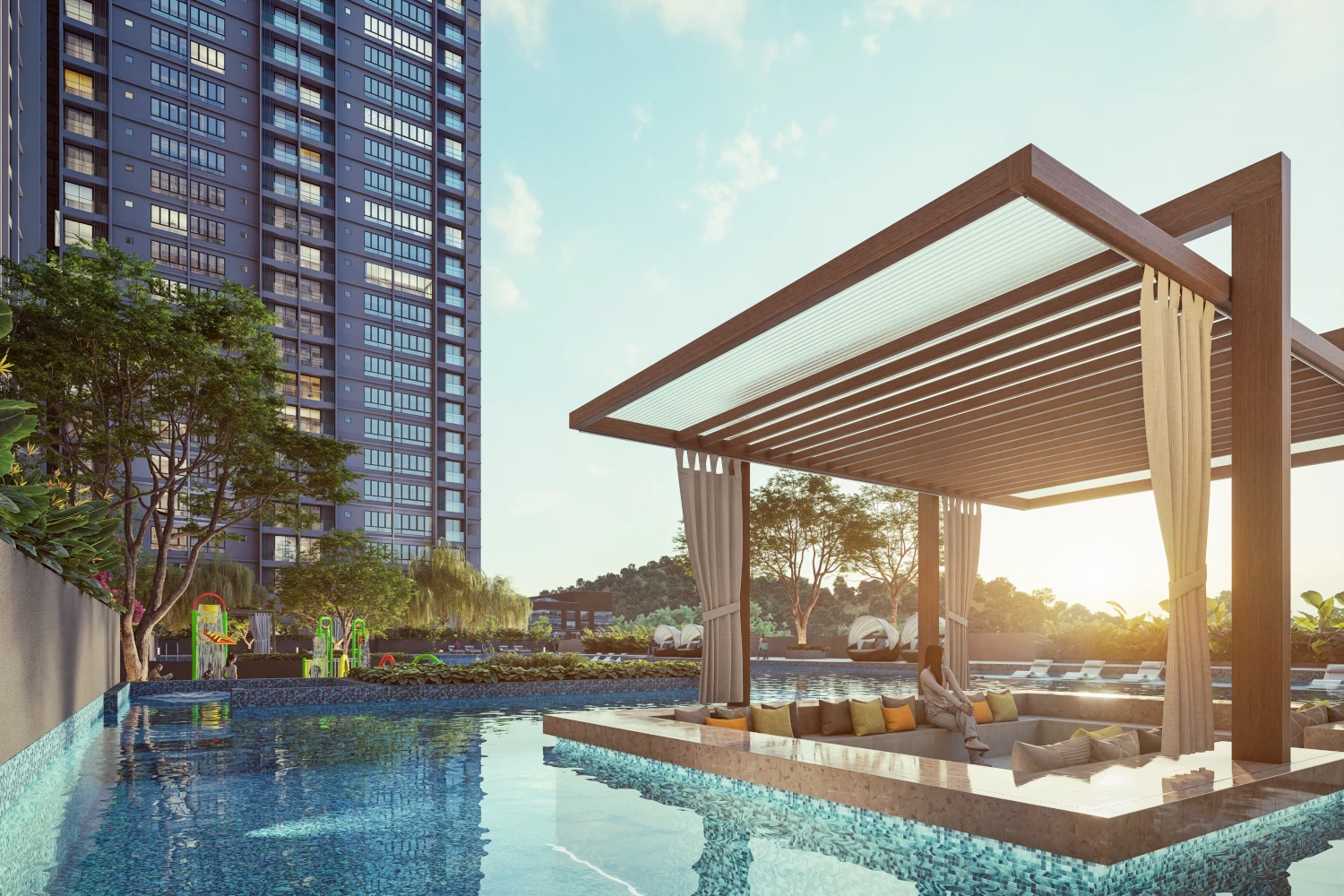 Calia Residences by PGB floating cabana in the Restful Nook zone beside the cascading pool, Level 7, Danga Bay, Johor Bahru