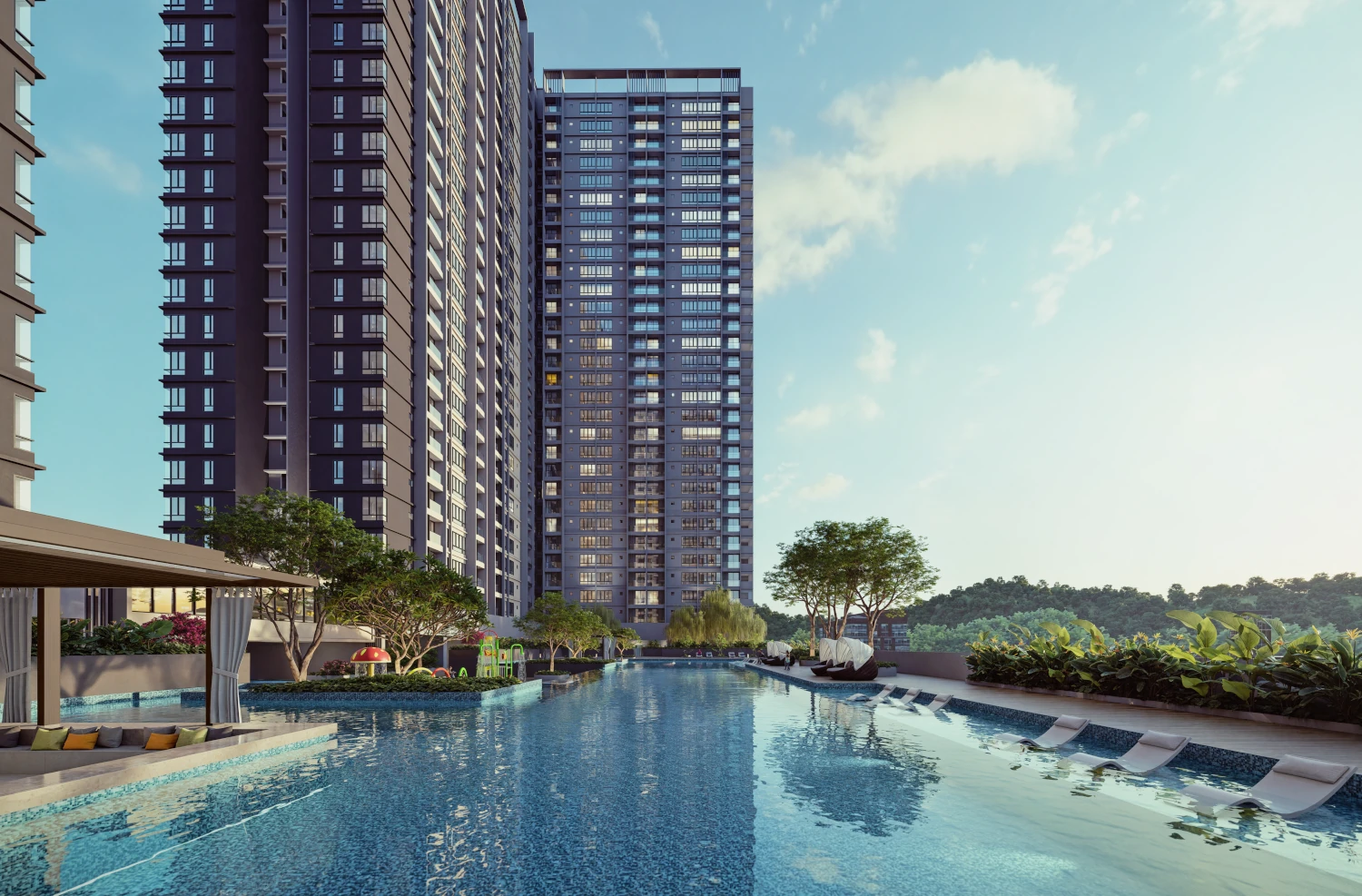 Calia Residences by PGB lap pool and poolside terrace on the Level 7 facilities deck, Danga Bay, Johor Bahru