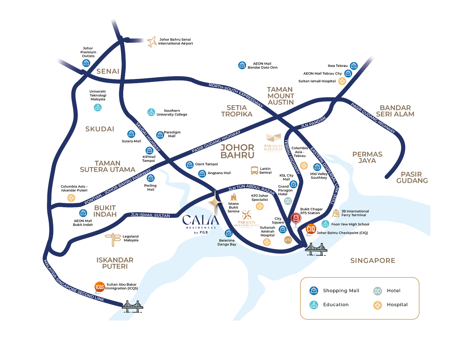 Calia Residences by PGB official location map showing Danga Bay, Skudai Highway and routes to Johor Bahru city centre