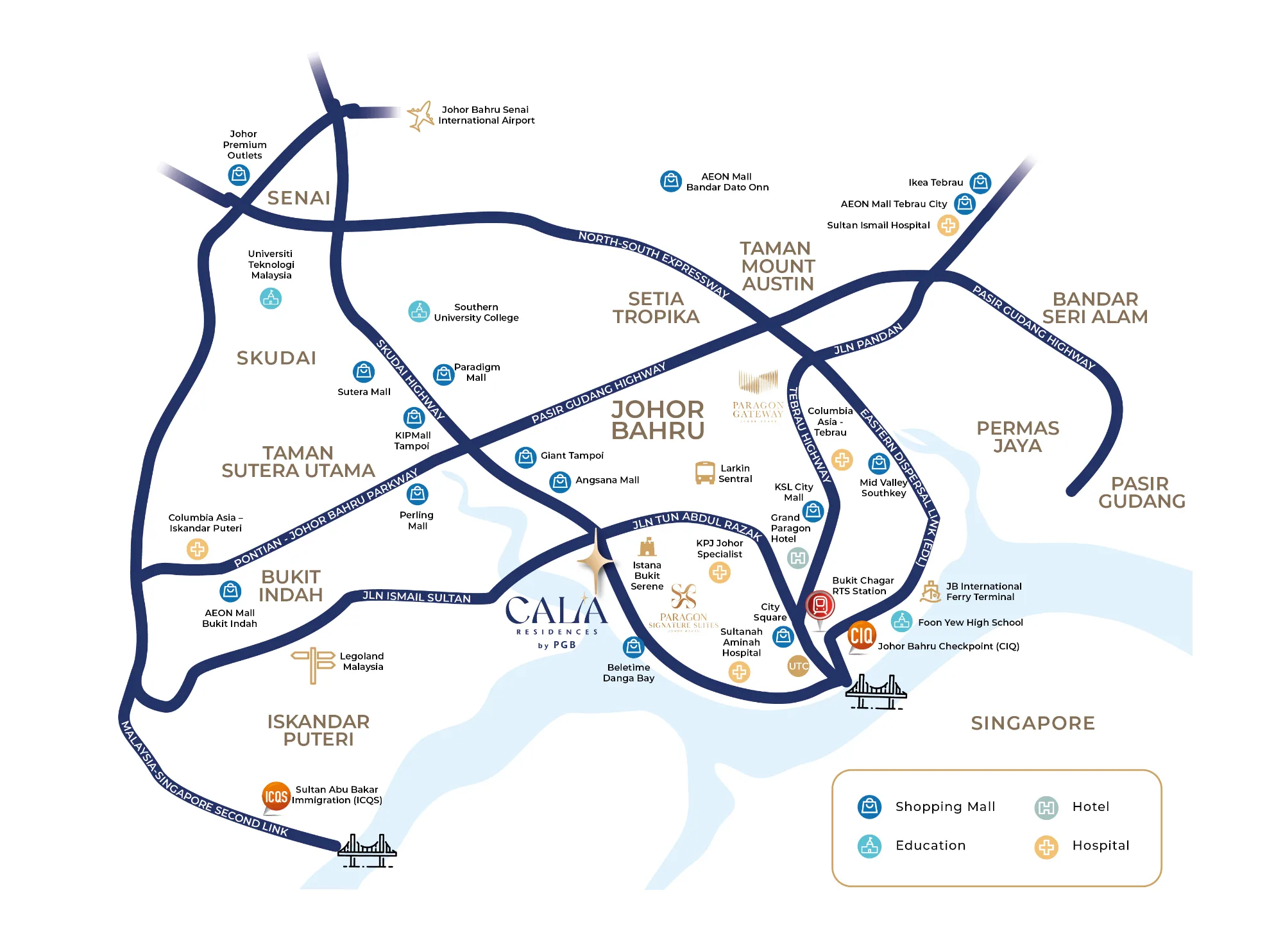 Calia Residences by PGB official location map showing Danga Bay, Skudai Highway and routes to Johor Bahru city centre