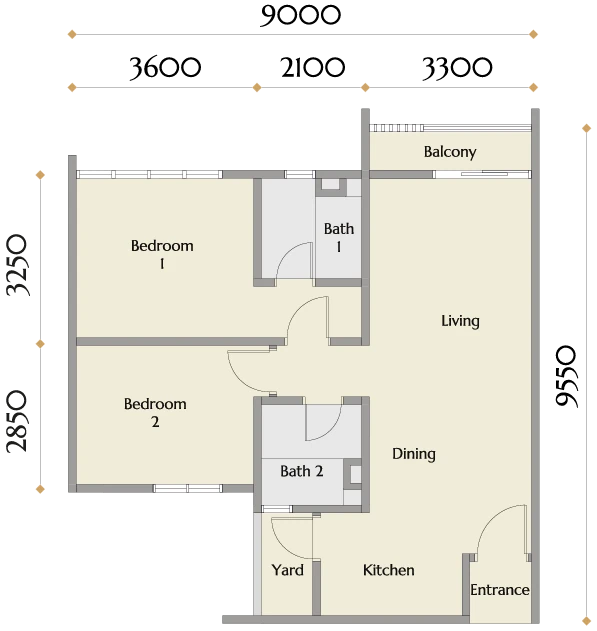 Calia Residences by PGB Type C layout plan, 771 sq ft two-bedroom two-bathroom, Danga Bay, Johor Bahru