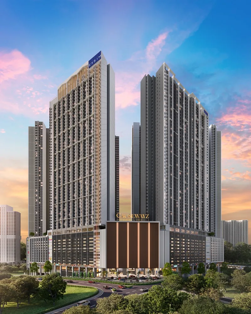 Causewayz Square @ JBCC freehold serviced residence towers at dusk on Jalan Lumba Kuda, Johor Bahru City Centre