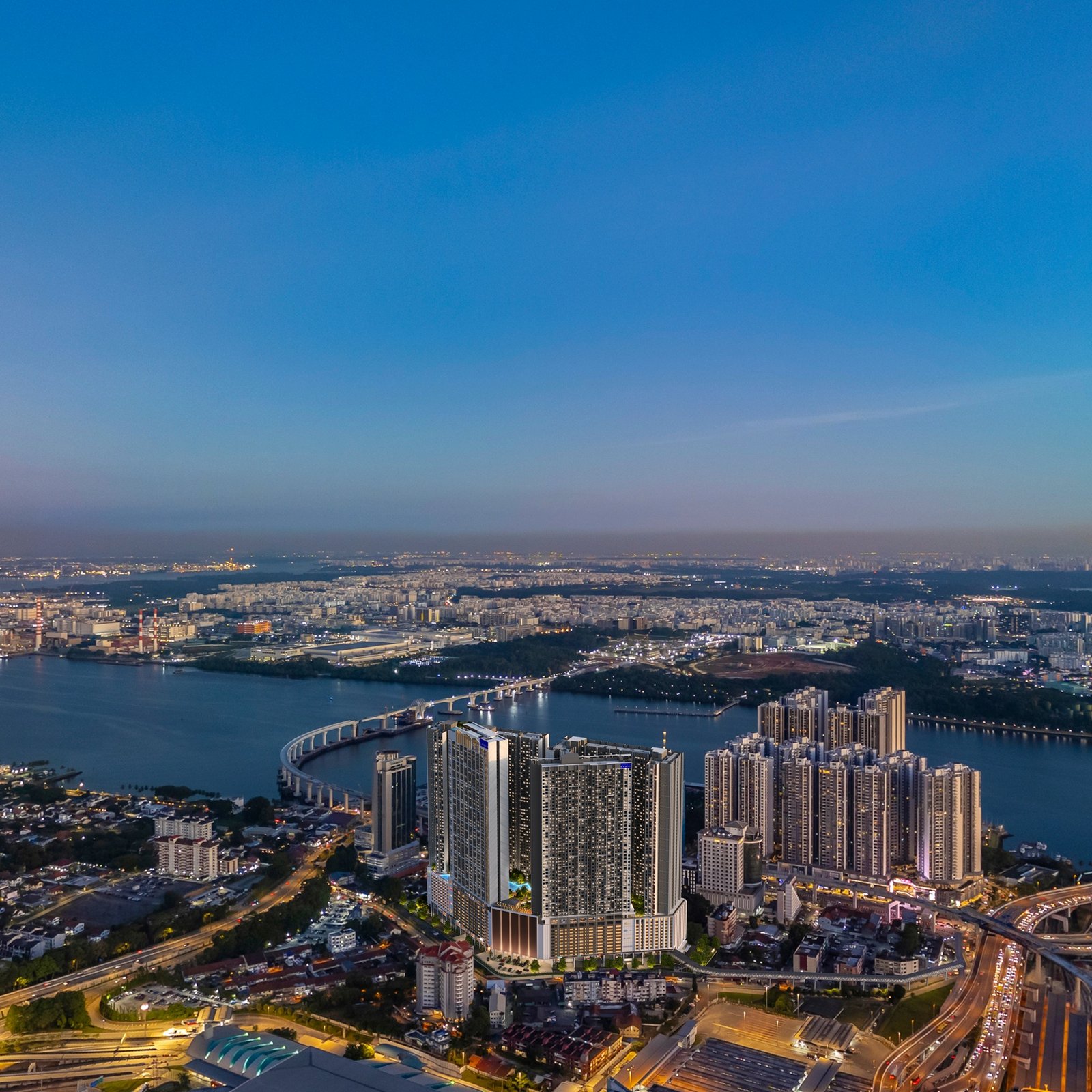 Causewayz Square @ JBCC masterplan superimposed on the Johor Bahru City Centre skyline