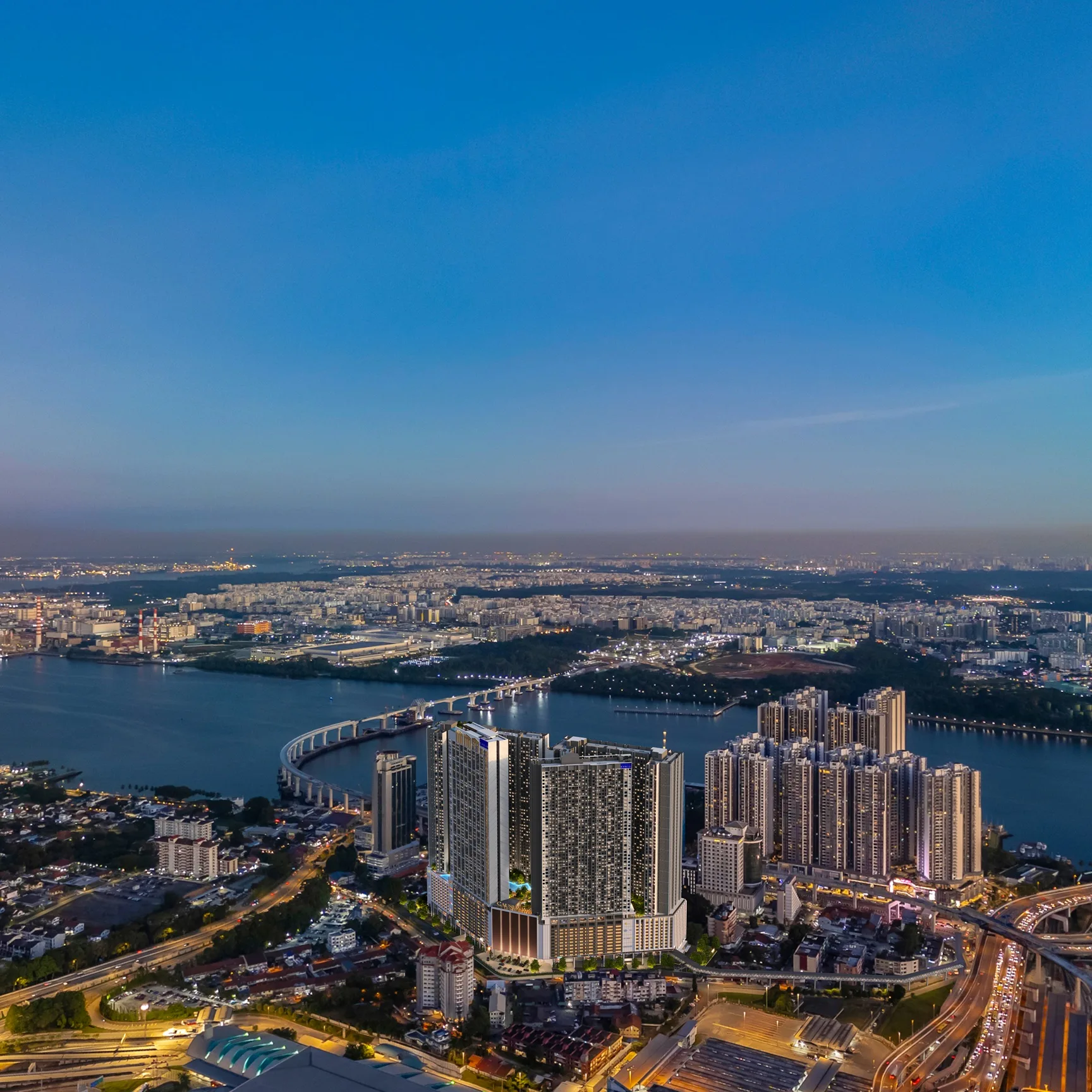 Causewayz Square @ JBCC masterplan superimposed on the Johor Bahru City Centre skyline