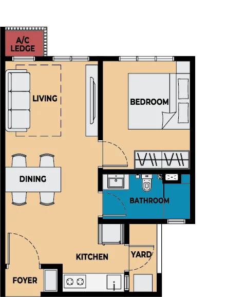 Causewayz Square Type C floor plan — 474 sq ft one-bedroom in Brixton and Dover Towers, Johor Bahru