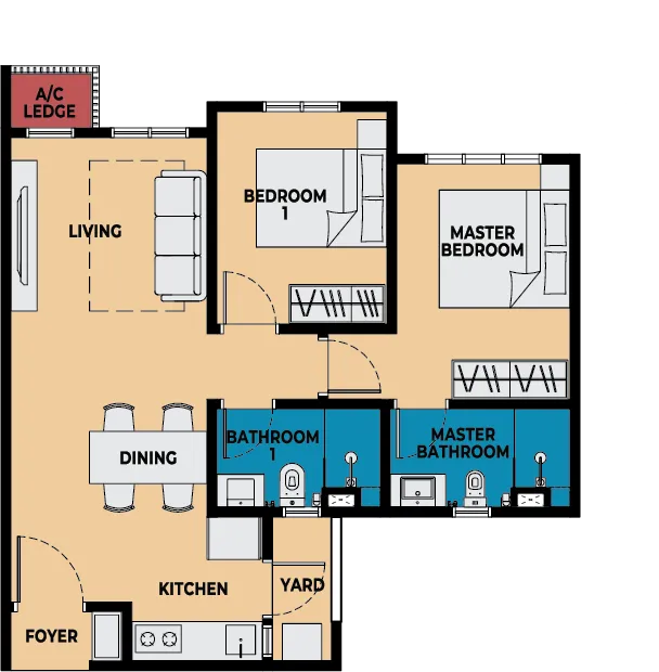 Causewayz Square Type D1 floor plan — 667 sq ft two-bedroom in Brixton and Dover Towers, Johor Bahru