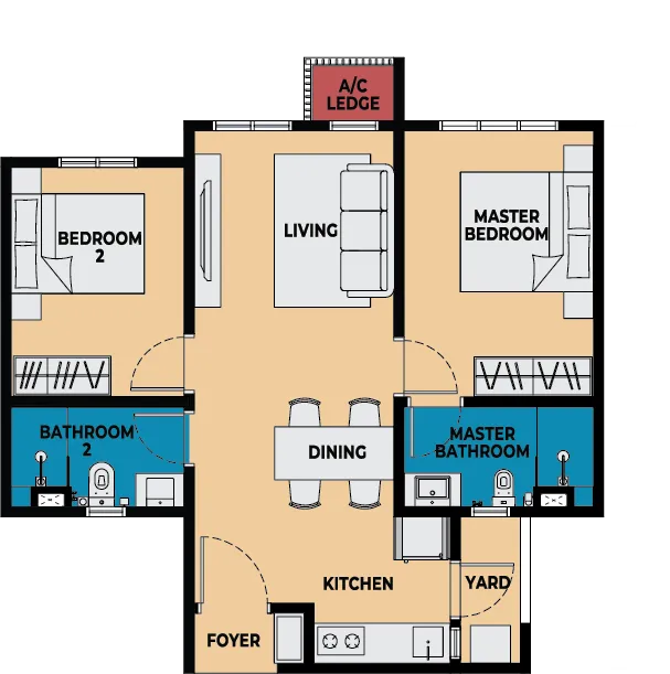 Causewayz Square Type D2 floor plan — 667 sq ft two-bedroom alternative layout, Brixton and Dover Towers, Johor Bahru