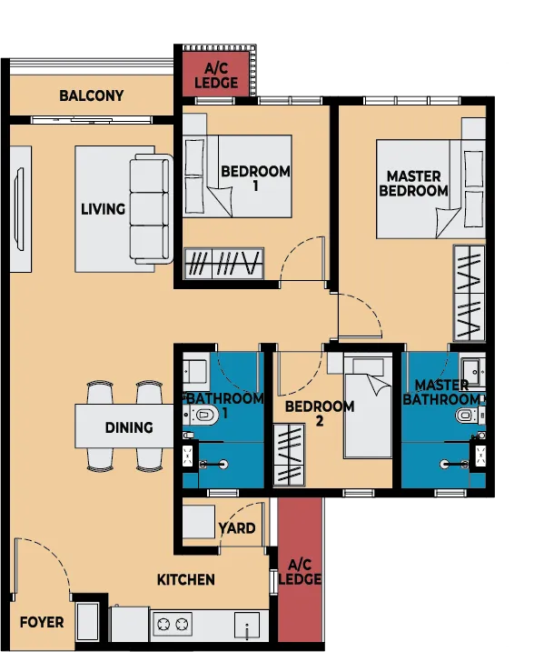 Causewayz Square Type E1 floor plan — 850 sq ft three-bedroom with balcony, Brixton and Dover Towers, Johor Bahru