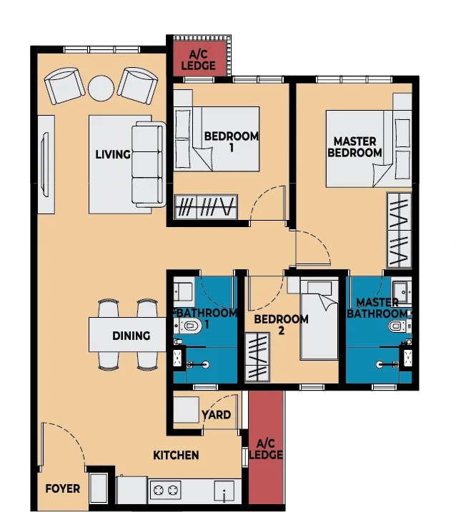 Causewayz Square Type E2 floor plan — 850 sq ft three-bedroom alternative layout, Brixton and Dover Towers, Johor Bahru