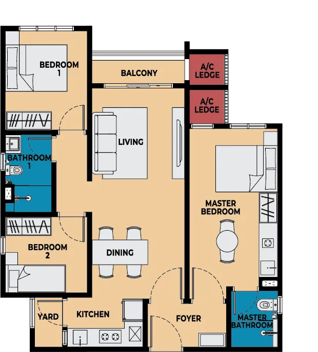 Causewayz Square Type F1 floor plan — 850 sq ft three-bedroom dual-key with balcony, Brixton and Dover Towers, Johor Bahru