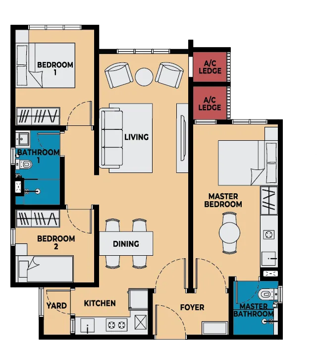 Causewayz Square Type F2 floor plan — 850 sq ft three-bedroom dual-key alternative layout, Brixton and Dover Towers, Johor Bahru