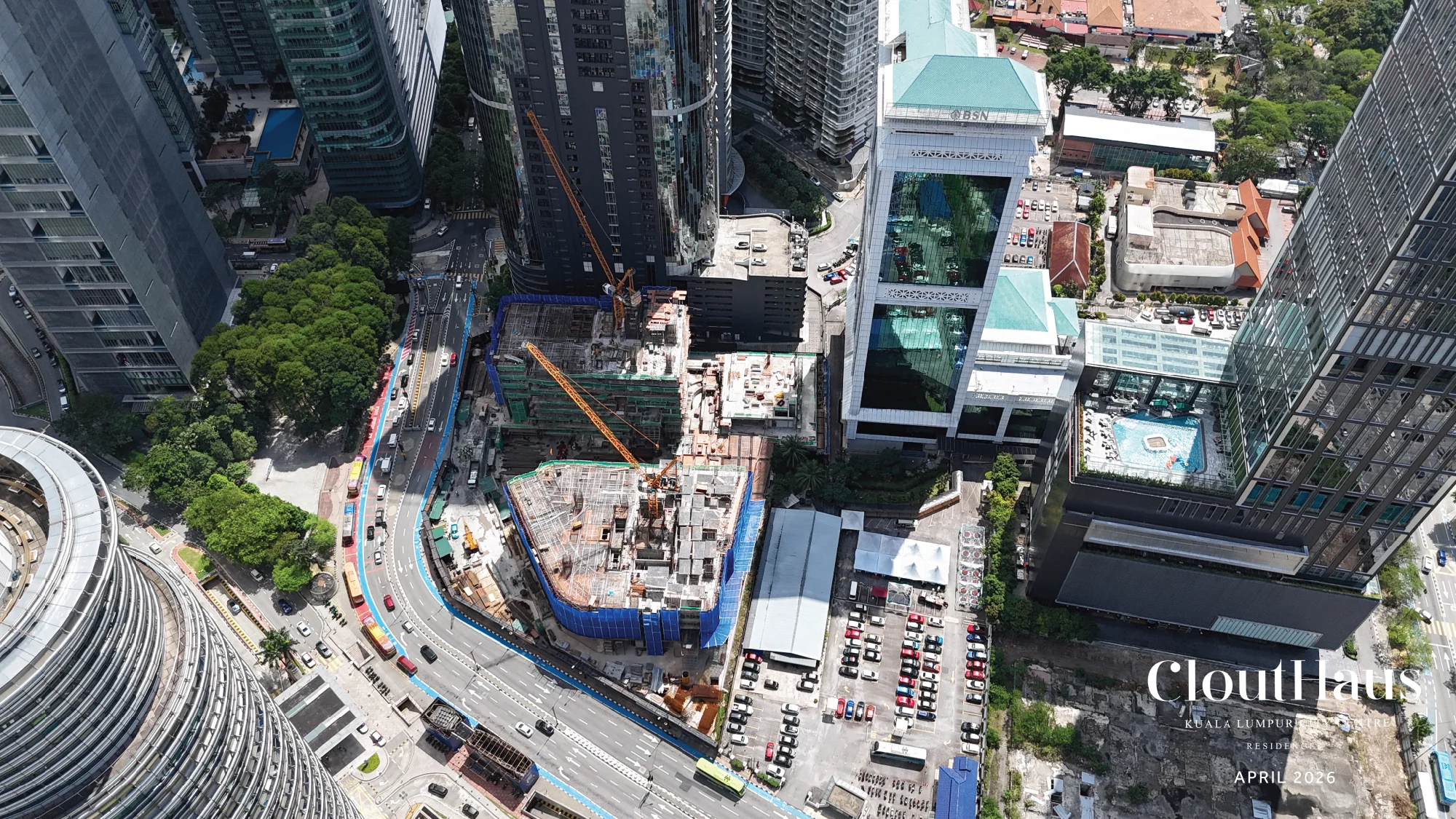 CloutHaus Residences KLCC construction progress photograph, April 2026, Jalan P. Ramlee