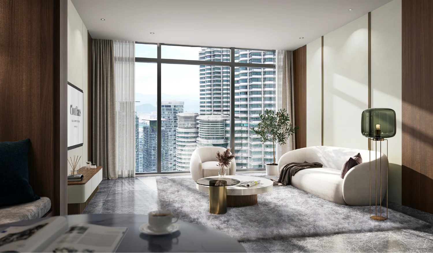 CloutHaus Residences KLCC 服务式住宅客厅，取景双峰塔