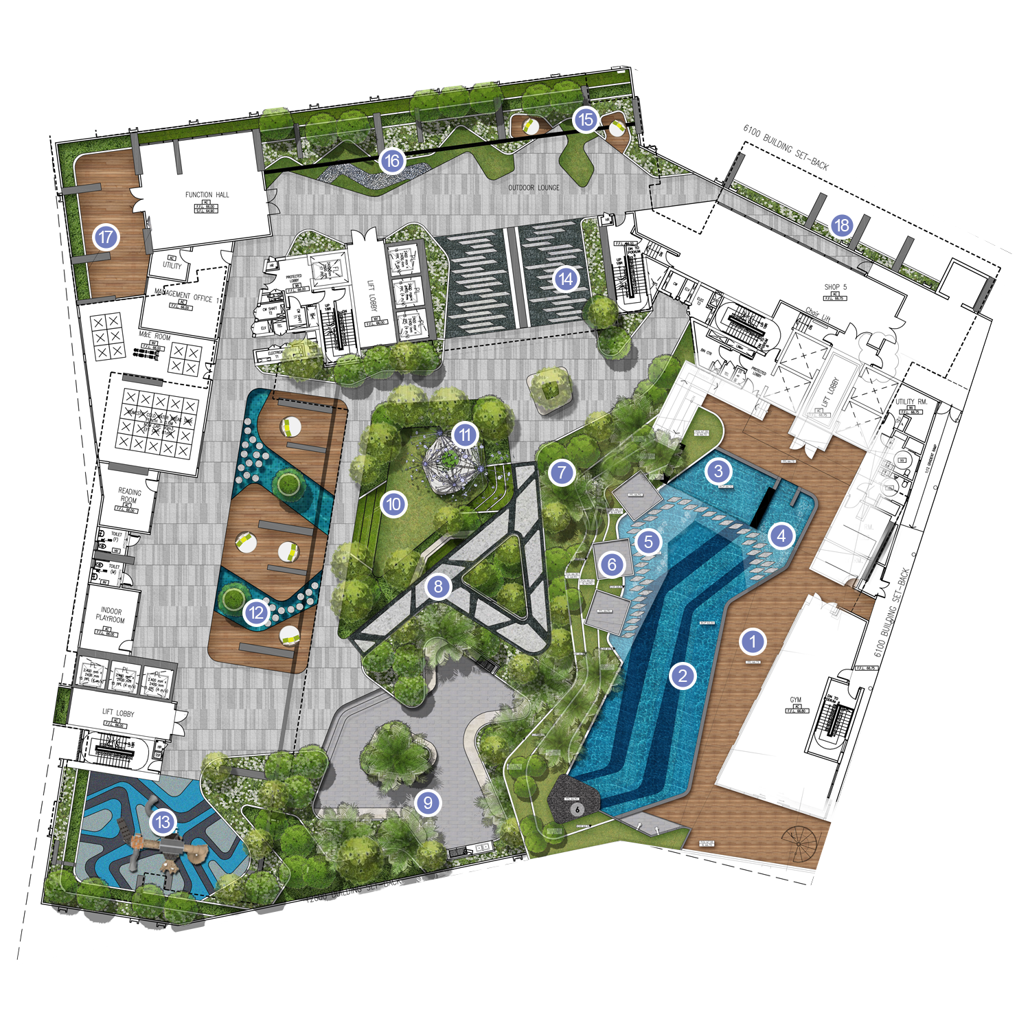 Level 7 facilities floor plan with items 1 to 18 at CORE Residence @ TRX by CORE Precious Development, Tun Razak Exchange, Kuala Lumpur