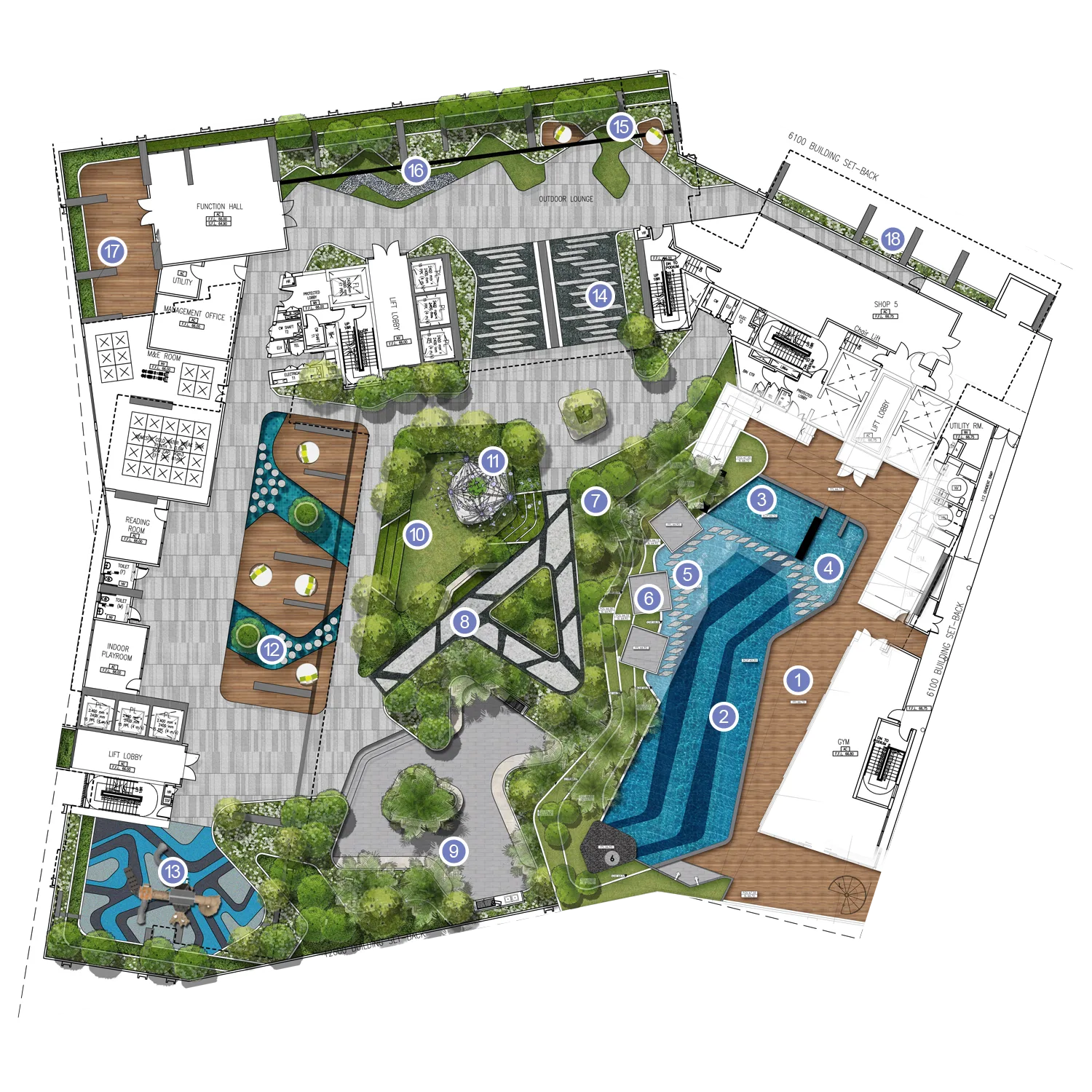 Level 7 facilities floor plan with items 1 to 18 at CORE Residence @ TRX by CORE Precious Development, Tun Razak Exchange, Kuala Lumpur