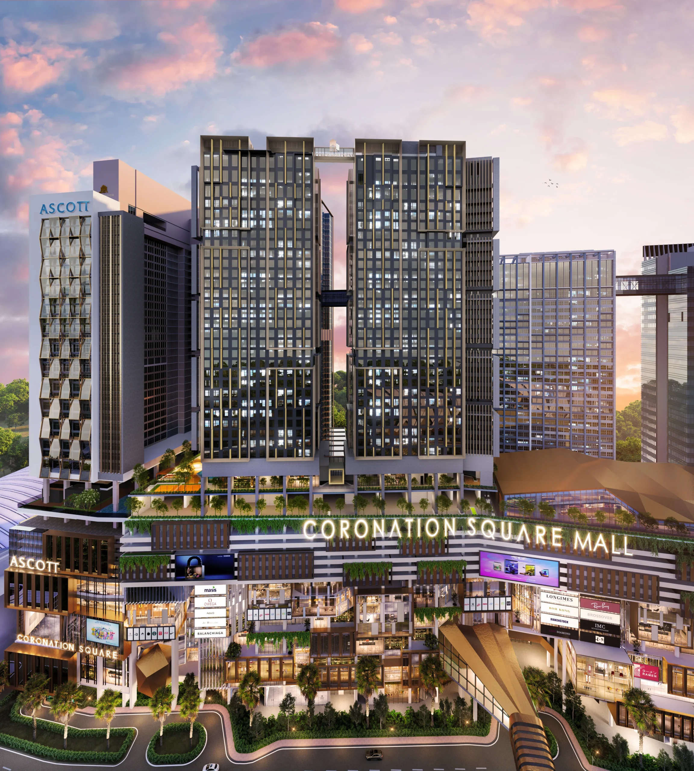 Coronation Square Mall facade below Coronade Twins, the CapitaLand-managed retail podium in Johor Bahru city centre
