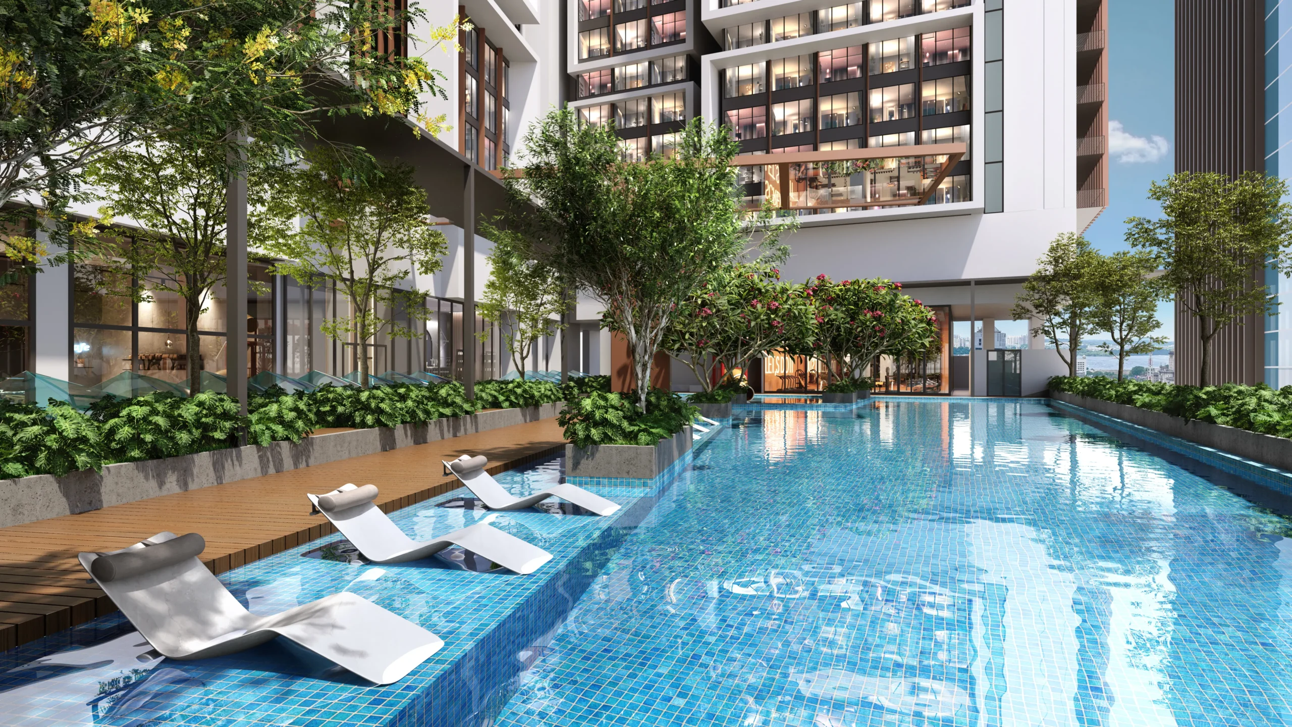 Coronade Twins swimming pool and recreation deck above the Coronation Square retail platform, Johor Bahru city centre