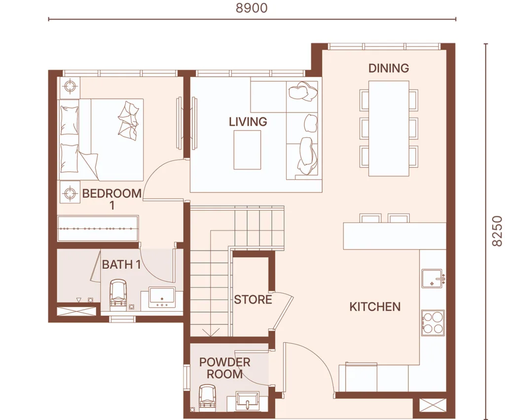 Coronade Twins Type D The Prestige lower floor plan - 683 sq ft of the 1,230 sq ft duplex, Johor Bahru city centre