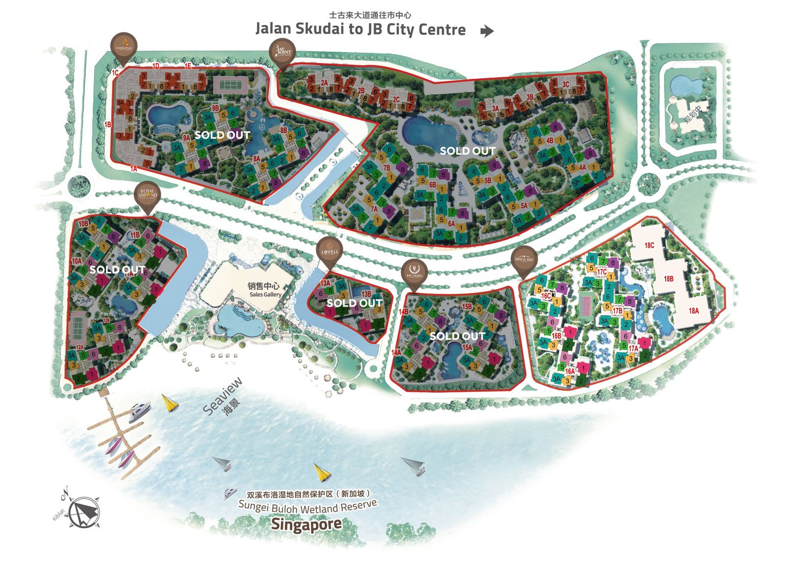 Country Garden Danga Bay master plan showing the 41 residential blocks, Danga Avenue retail streets, clubhouse, marina and Beletime mall across 57.11 acres, Johor Bahru