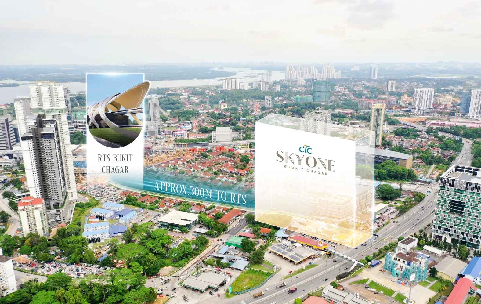 Official CTC Development connectivity visual for CTC SkyOne @ Bukit Chagar, approximately 300 metres from the RTS Link Bukit Chagar station, Johor Bahru