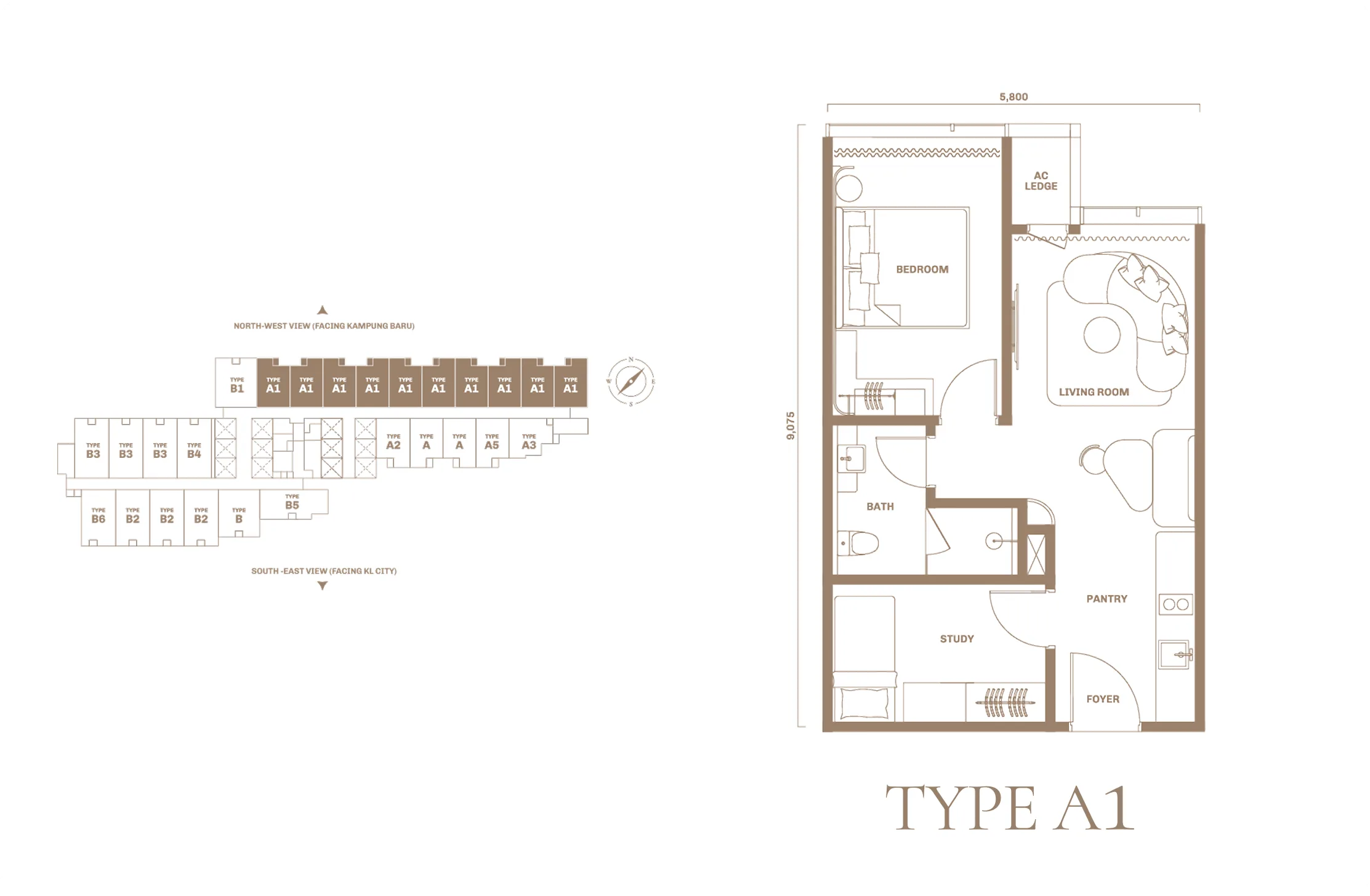 Divine KLCC Type A1 floor plan — 540 sq ft one-plus-one bedroom layout, Jalan Saloma, Kuala Lumpur