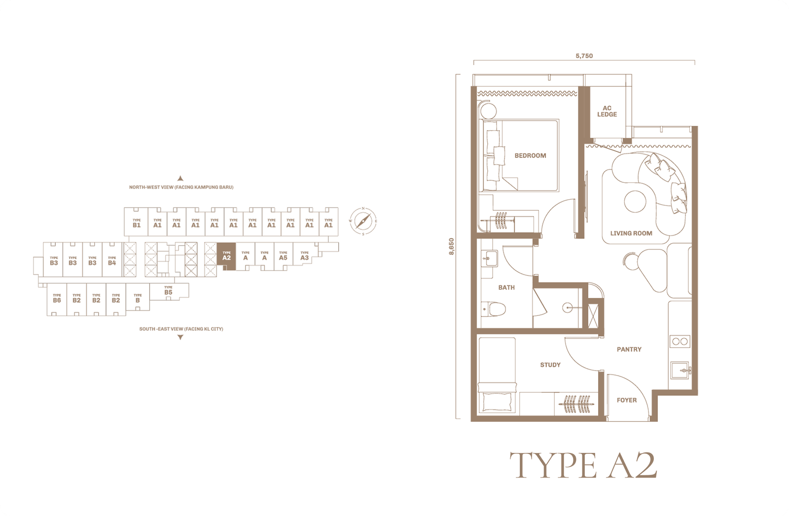 Divine KLCC Type A2 floor plan — 502 sq ft one-plus-one bedroom layout, Jalan Saloma, Kuala Lumpur