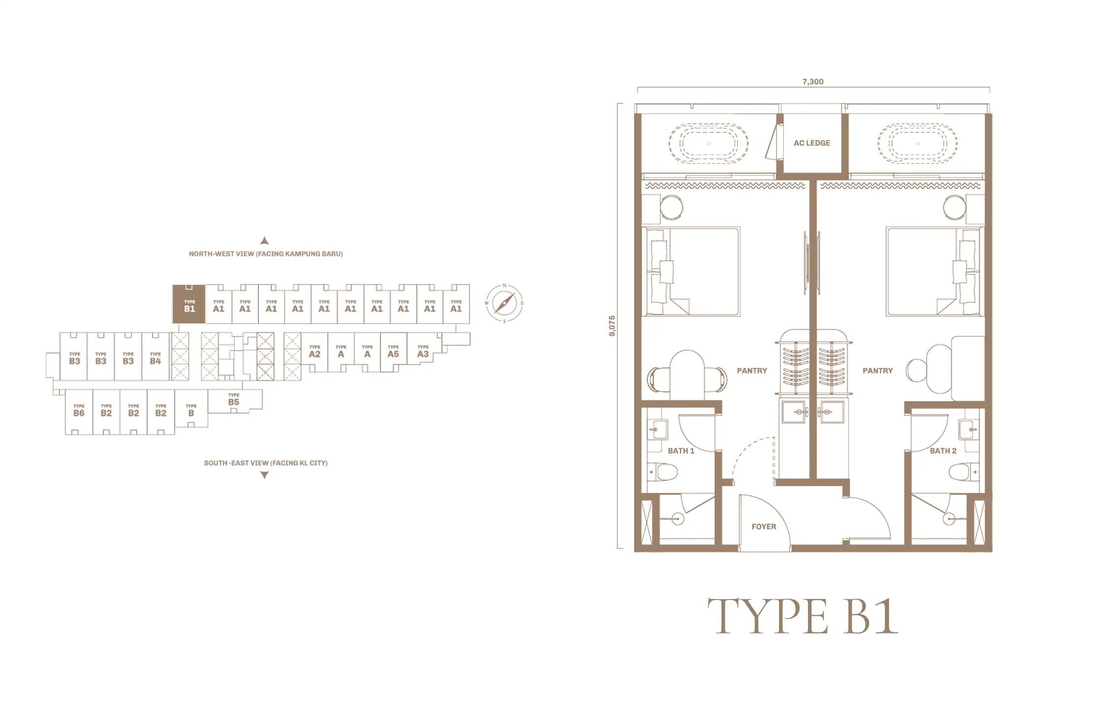 Divine KLCC Type B1 floor plan — 713 sq ft two-bedroom layout, Jalan Saloma, Kuala Lumpur