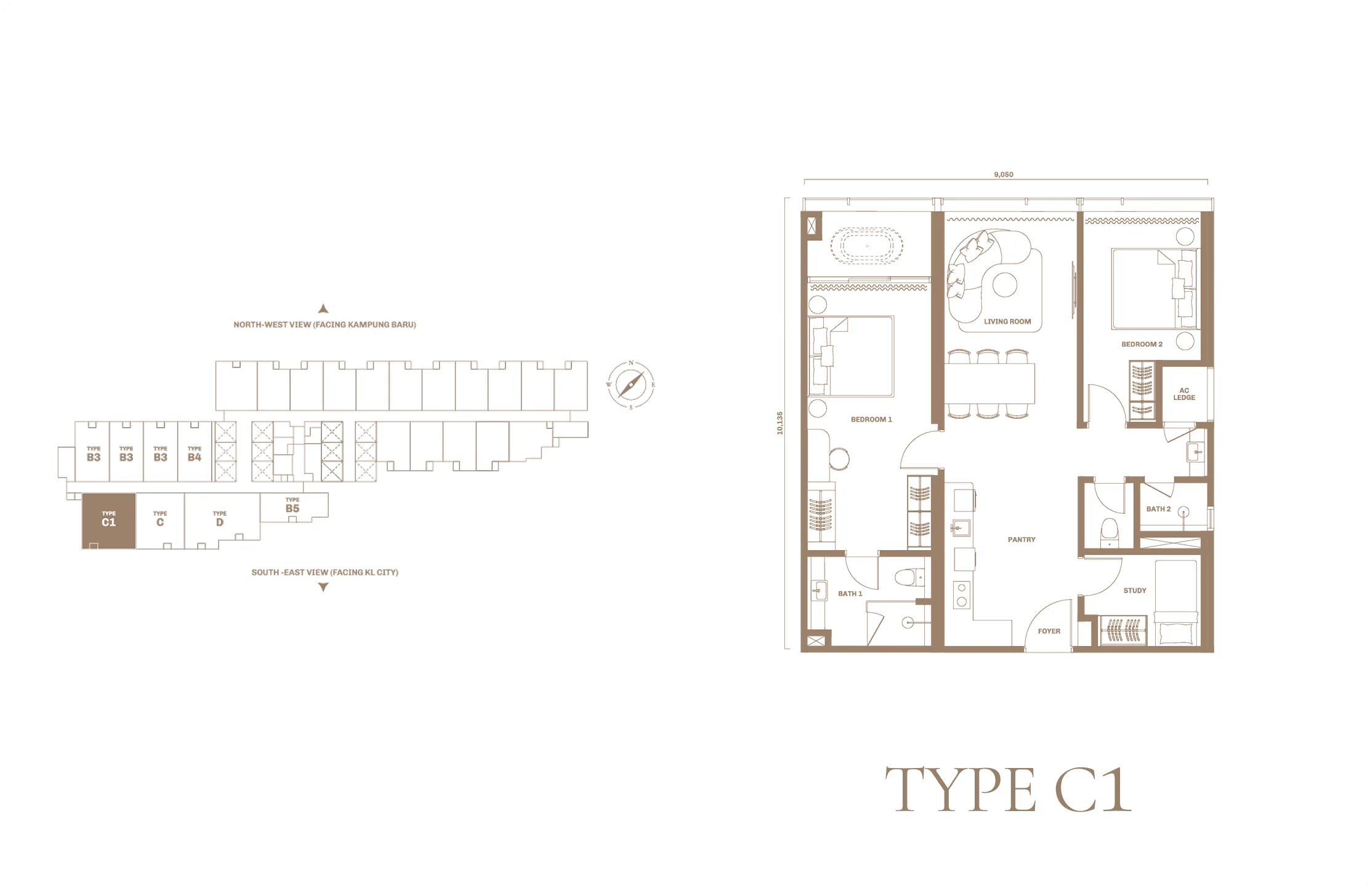 Divine KLCC Type C1 floor plan — 991 sq ft two-plus-one bedroom layout, Jalan Saloma, Kuala Lumpur