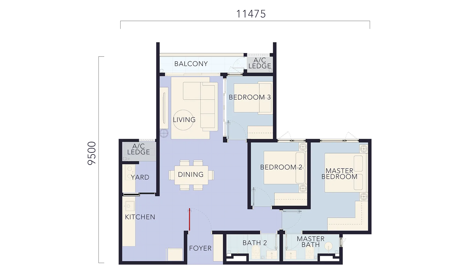 雪兰莪八打灵再也Dwi Aurora @ Dwitara Residences A 型户型图，900 平方尺三房