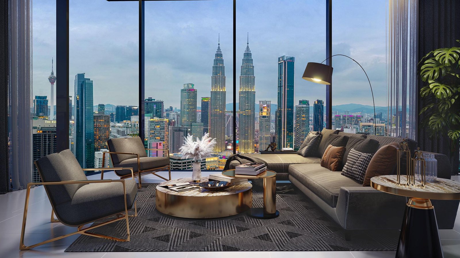 Night interior view from Eaton Residences @ KLCC toward the Kuala Lumpur city skyline