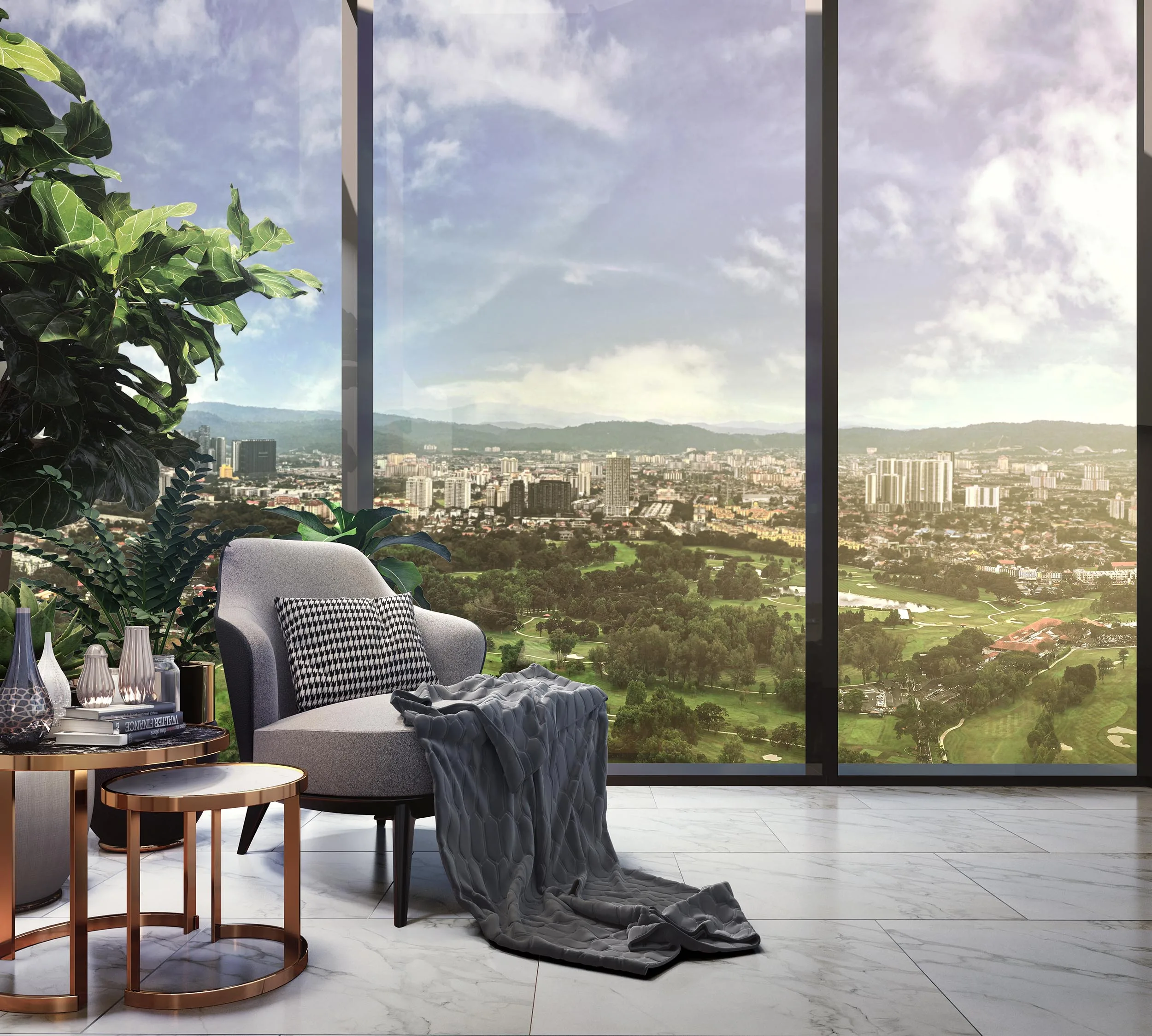 Living room interior at Eaton Residences @ KLCC facing the Royal Selangor Golf Club