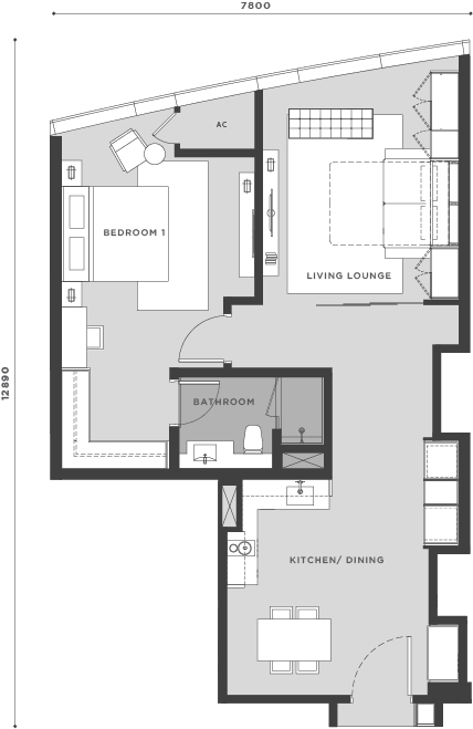 Eaton Residences @ KLCC Type A5 floor plan — 840 sq ft one-bedroom layout, Kuala Lumpur