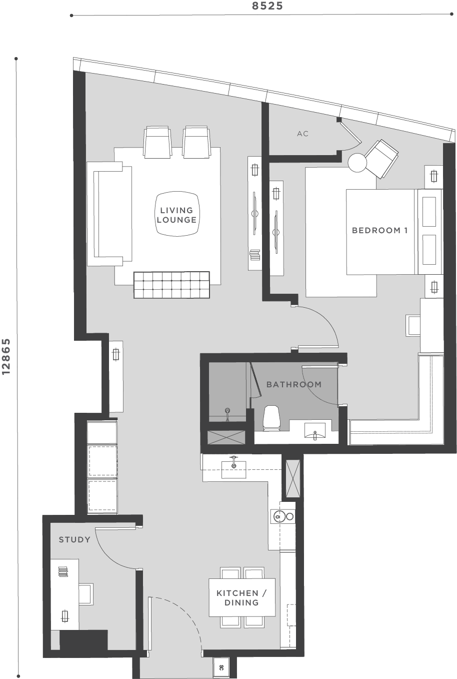 Eaton Residences @ KLCC Type B10 floor plan — 872 sq ft one-bedroom with study, Kuala Lumpur