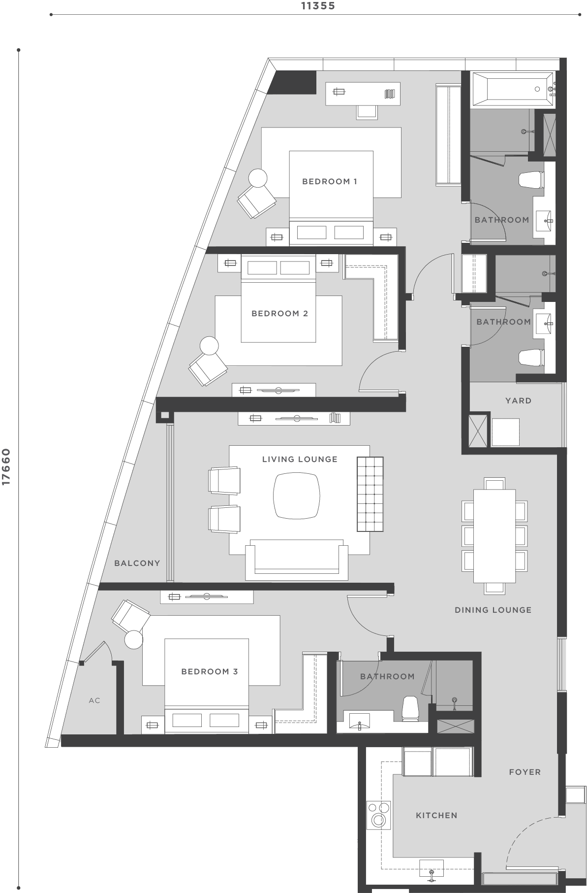 Eaton Residences @ KLCC Type D1 floor plan — 1,550 sq ft three-bedroom layout, Kuala Lumpur
